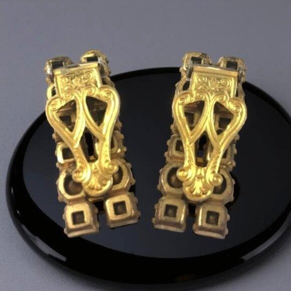Art Deco Rhinestone Shoe Clips Pair – Multicolor, Prong Set Brass, Art Deco Pair - Picture 2 of 10